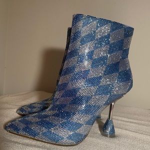 Dillard’s Gianni Bini Checkered Rhinestone Blue and Silver Ankle Boots